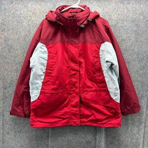 LL Bean Jacket Women Large Petite Red Windbreaker Full Zip Hooded Rain Coat VTG